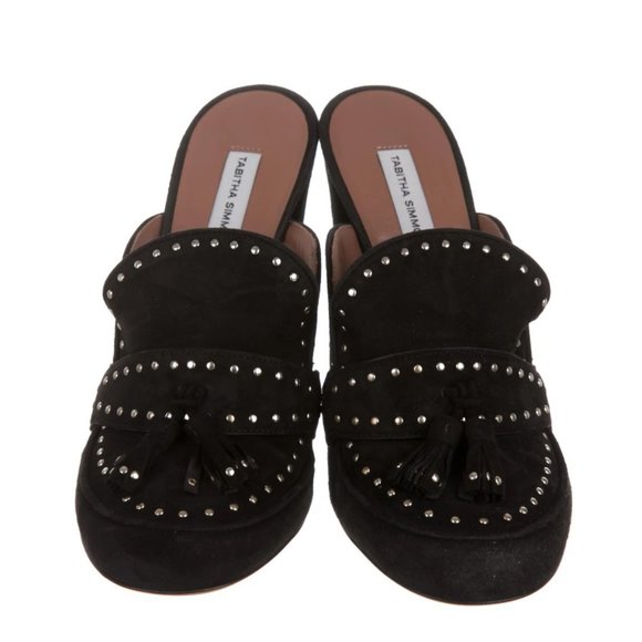 Tabitha Simmons Diana Black Suede Round Toe High Heel Tassel Mules Size … - Picture 3 of 5